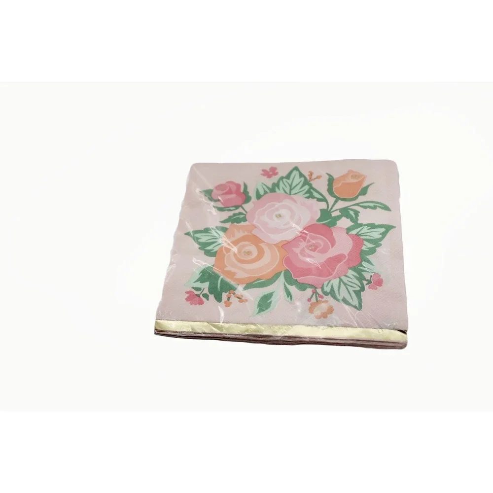 321 Party Pink Blooms‎ Floral Paper Napkins 3 Packs 16ct Each 2-Ply Gold Trim